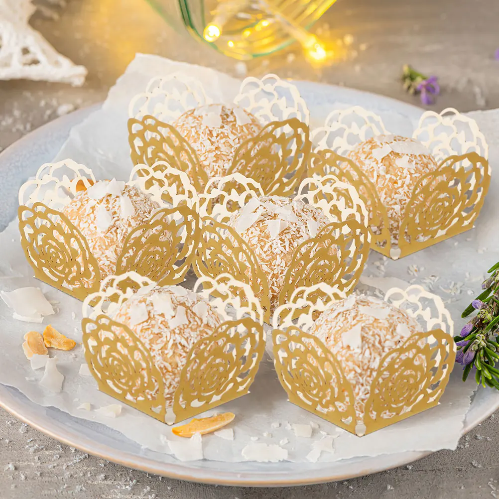 

100Pcs Luxurious Gold Hollow Out Rose Truffle Wrappers Paper Liners for Chocolates Dessert Table Decor