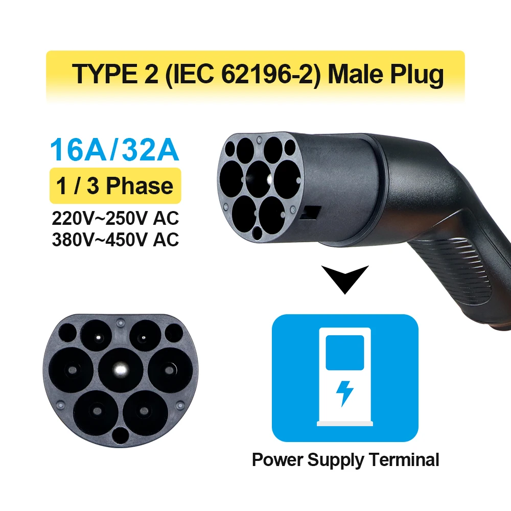 EV Charging Cable 16A/32A 1P/3P 3.6kW/7.2kW/11kW/22KW Type 2 EVSE Charging Station Female to Male Plug With EV Cord 5M