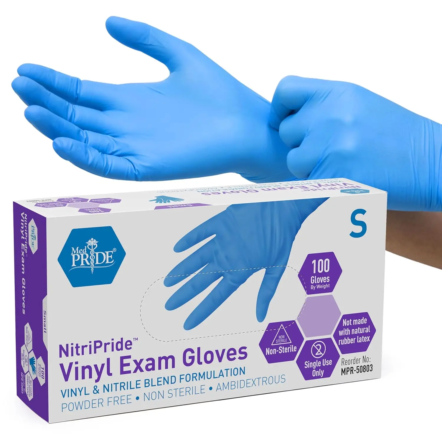 

Nitrile/Vinyl Blend Exam Gloves, Powder-Free, Latex-Free, Disposable, Non-Sterile, Blue, Small (Box of 100)