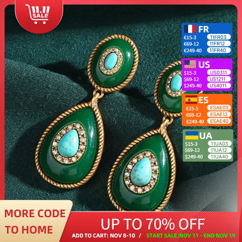 

Vintage Drop Dangle Earring Charm Nature Emerald Green Stone Retro Water Antique Jewelry For Woman Accessories Luxury Designer