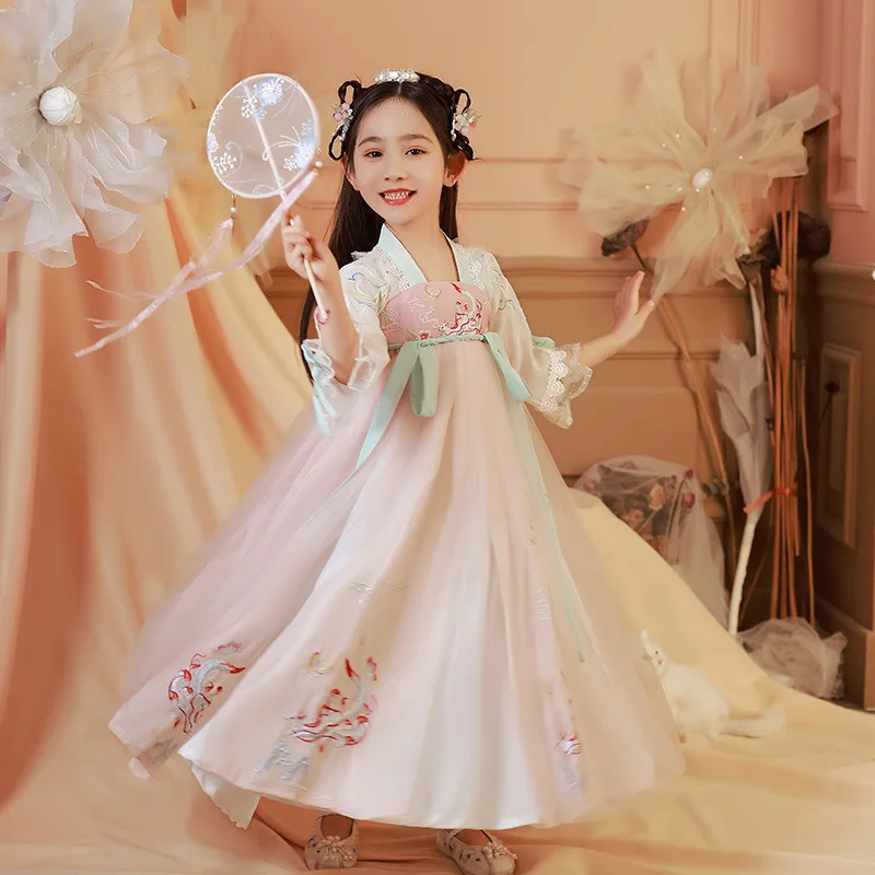 

Spring Summer Long Sleeve Chiffon Kids Tang Suit Girls Embroidery Chinese Lovely Dance Clothes Children Ancient Hanfu