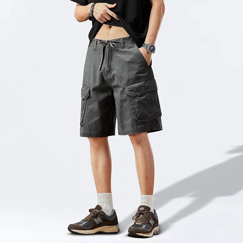 

KSTUN Men's Cotton Cargo Shorts Loose Straight Gray Shorts Elastic Waist Drawstring Streetwear Vintage Capri Pants Relaxed Fit