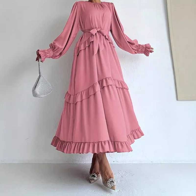 Fashion Women\'s O-neck Ruffle Party Dress 2024 Autumn Casual Lace Up Solid Color Party Dress Elegant Long Sleeved Loose Dresses