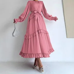 Fashion Women's O-neck Ruffle Party Dress 2024 Autumn Casual Lace Up Solid Color Party Dress Elegant Long Sleeved Loose Dresses