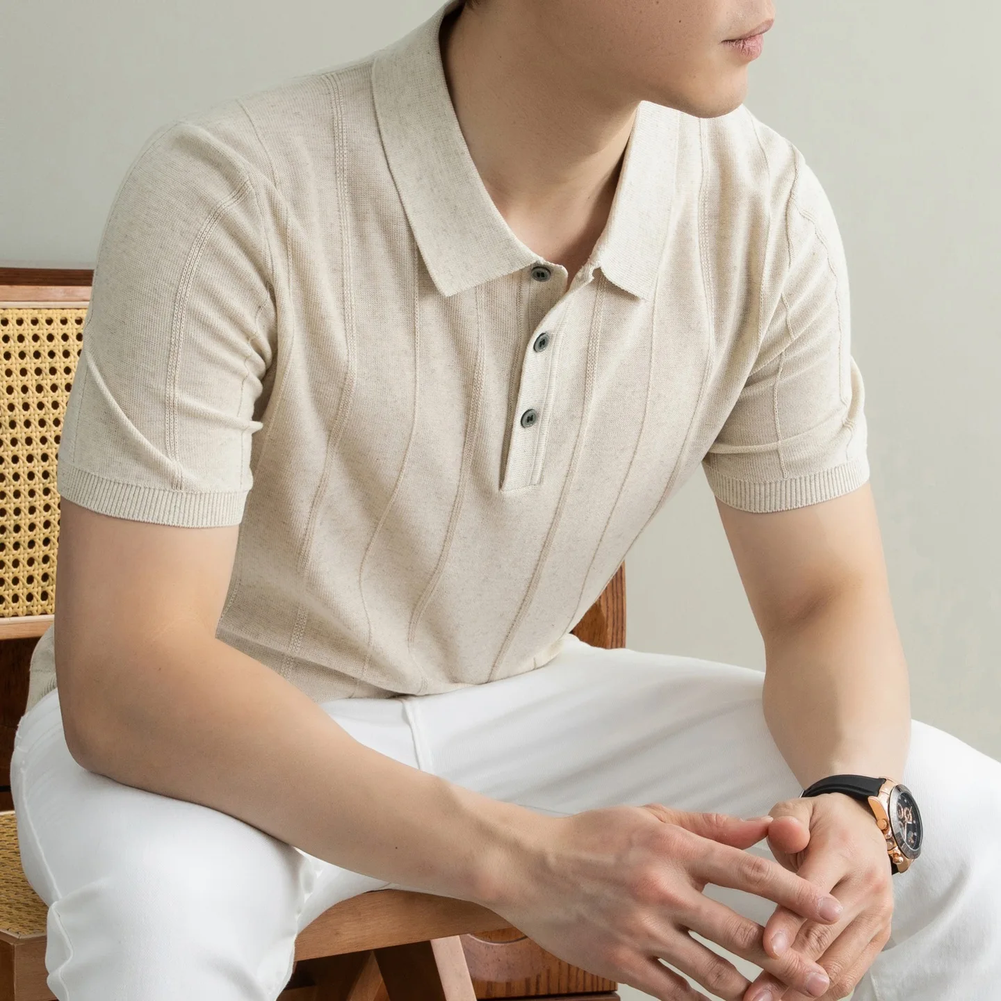 Mulberry Silk Linen Old Money Style Knitted Sweater Men Short Casual Lapel T-shirt Light Mature Style Light Business Thin Style