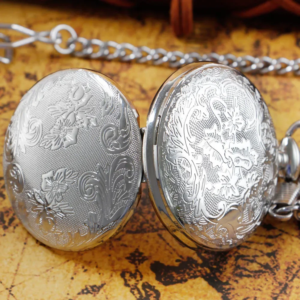 Retro Women's Simple Pocket Watch All Silver Acrylic Mirror Quartz Pocket Watches With Chain Necklace Birthday Gifts Souvenir