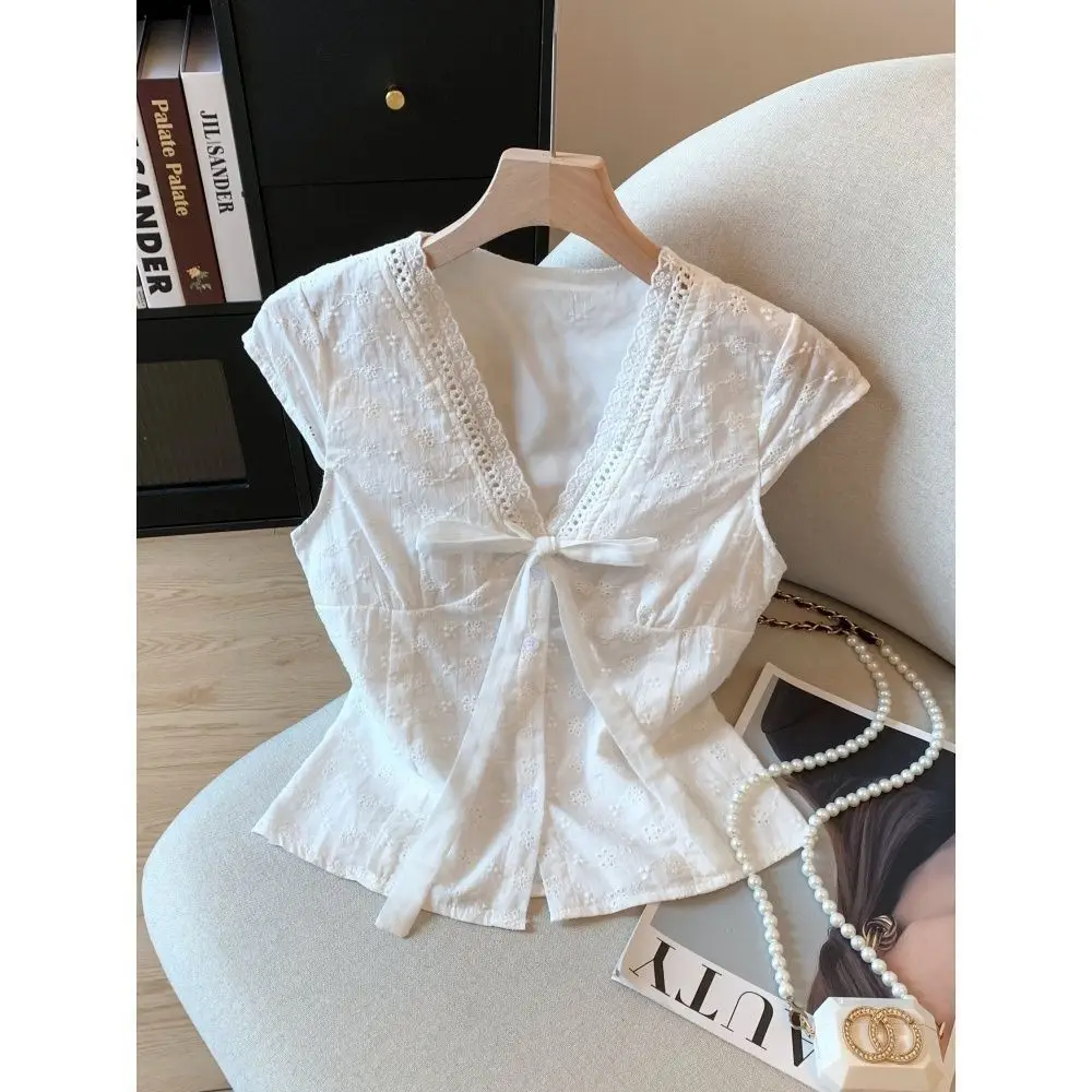 2026 New French Lace Embroidery Hollow Out White Shirt, Women Elegant Bow Flutter Short Sleeve Summer Casual Tops