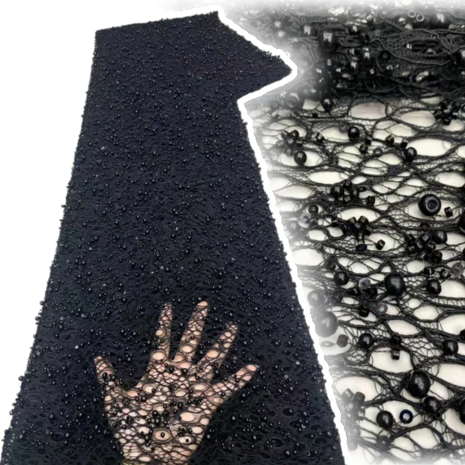 Tessuto di perline Greed Tessuti di pizzo nigeriano di lusso 2025 Tessuti di pizzo di maglia francese con paillettes di perline rosa per abito da cerimonia nuziale TP1367