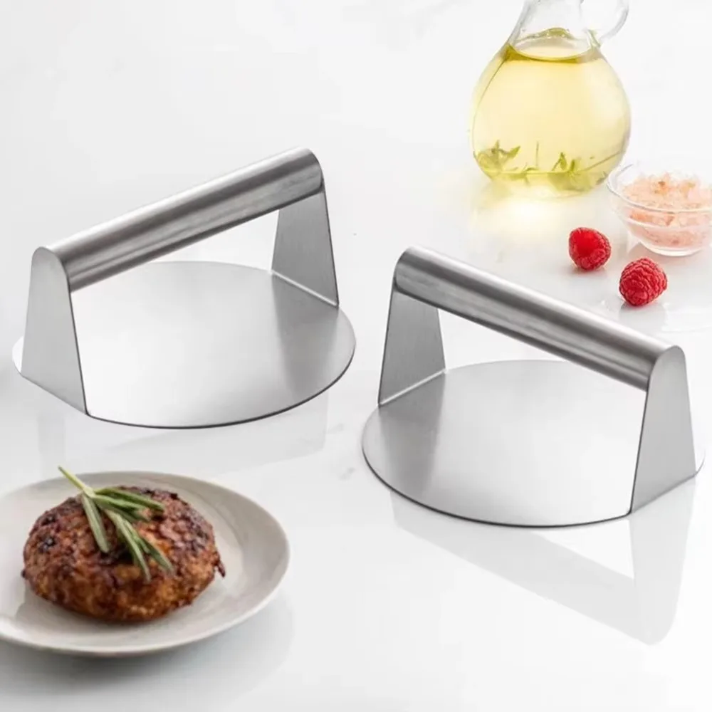 مكبس شواء من الفولاذ المقاوم للصدأ، مكبس برجر بدون صدأ، مكبس شواء دائري من الفولاذ المقاوم للصدأ، استخدام صينية برجر سماشر #4