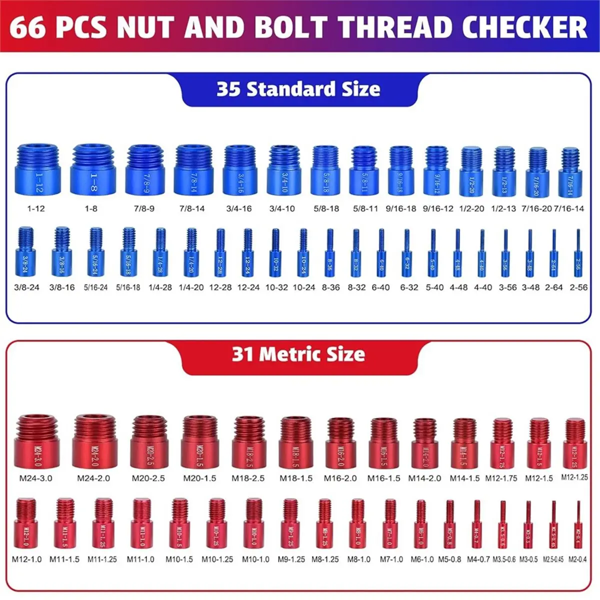 66Pcs Thread Checkers Nut and Bolt Thread Checkers Set with 35 Inch and 31 Metric Thread Gauge for SAE and Metric Sizes