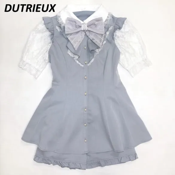 

Women Rojita Two-Piece Sets Culottes Outfits SC Lolita Dress Suit Japanese-Style Mine Slim-Fit Slimming Bow Lace Shirt Shorts