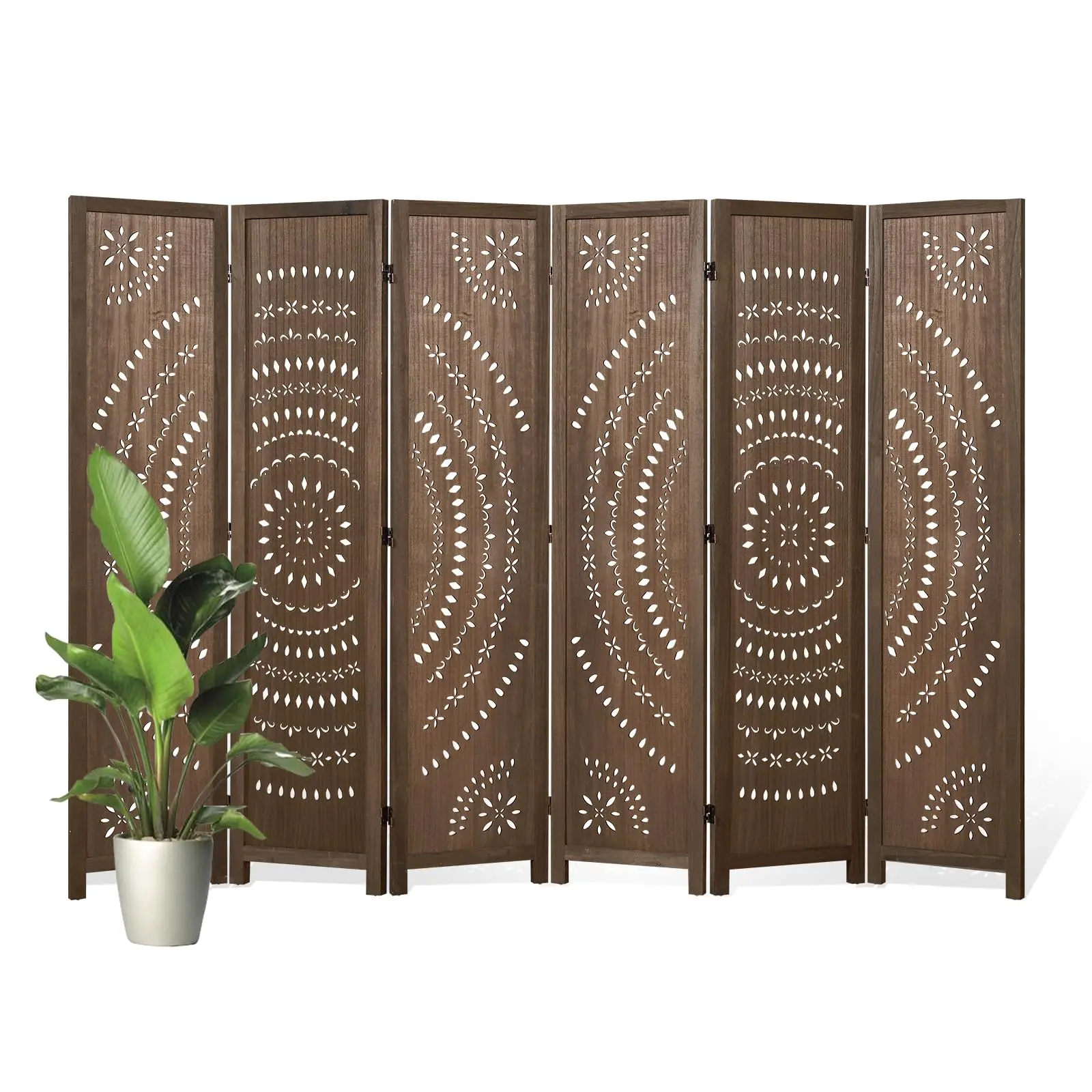 66.9Inch Folding Room Divider, 6 Panels Wood Carved Privacy Sns Free Assembled Freestanding Partition for Bedroom Home
