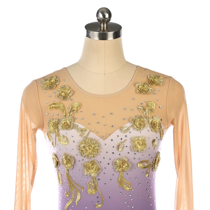 Figure skating performance outfit, skating outfit, competition dress, purple gradient gold floral long sleeved shirt view 2