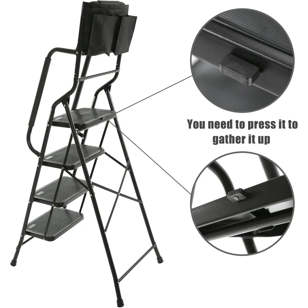 سلم فولاذي قابل للطي مع مساند للذراعين جانبية غير قابلة للانزلاق ودواسات كبيرة، محمول، يحمل ما يصل إلى 500 رطل، قابل للفصل لسهولة التخزين #4