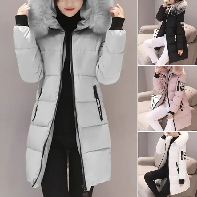 Damski zimowy płaszcz bawełniany z kapturem Średniej długości odzież wierzchnia Wiatroodporna ciepła kurtka z długim rękawem Jednolity kolor Slim Fit Lady Down Coat