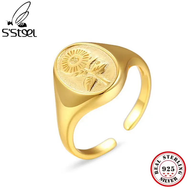 

S'STEEL Sterling Silver 925 Minimalist Korean Sunflower Ring For Women Vintage Gold Gothic Resizable Rings 2021 Fine Jewelry