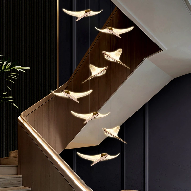 

LED light luxury gold acrylic flying bird seagull pendant light, staircase indoor ceiling lighting decorative light fixtures.