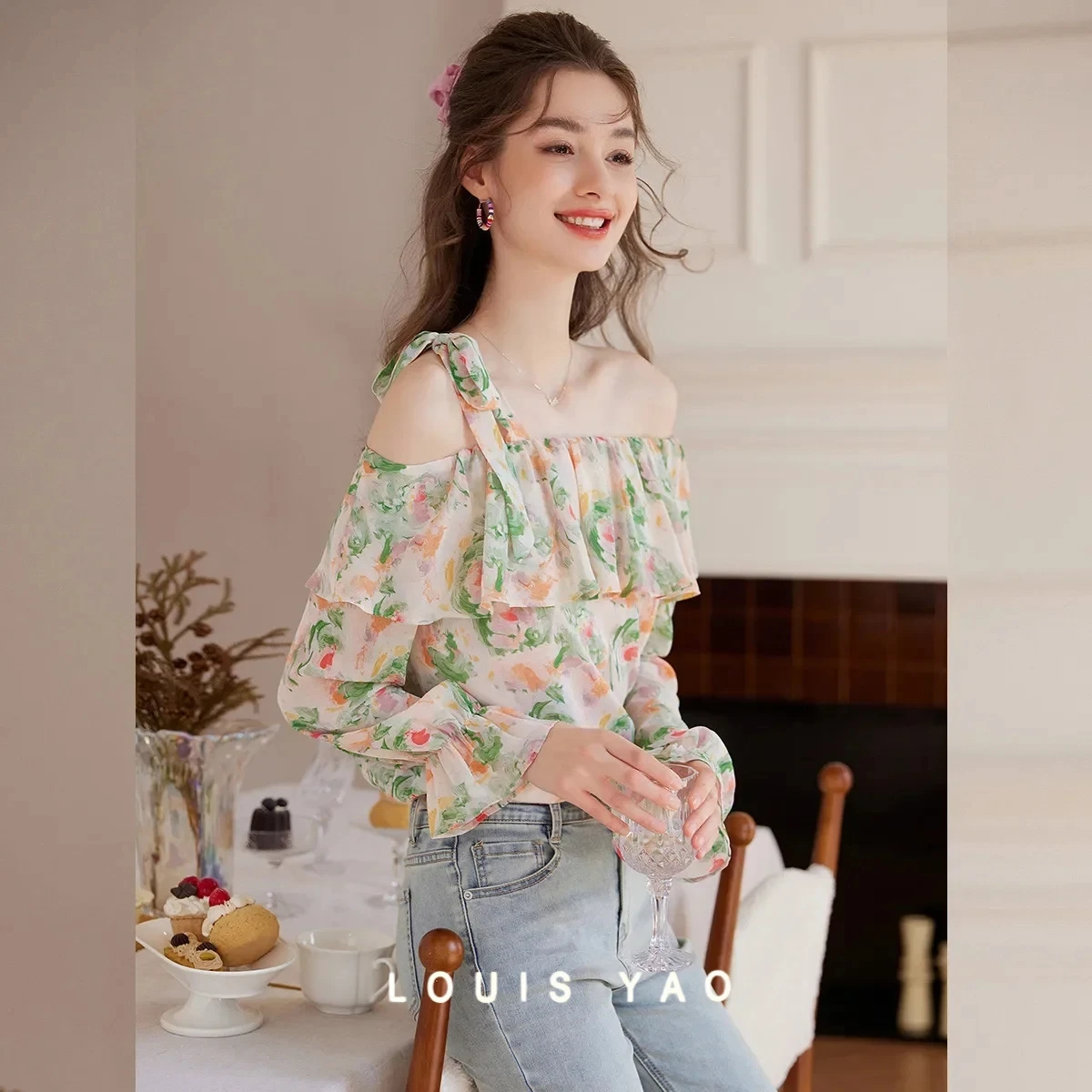 

LOUIS YAO Elegant Crushed Floral Floral Shirt Woman 2025 Summer Slant Shoulder Flounced Edge Blouse Long Sleeve Women's Shirt