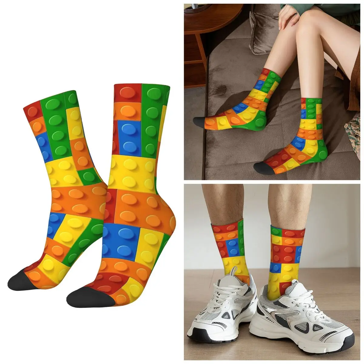 All Seasons Colorful Bricks Design Socks Harajuku Crew Socks Casual Stockings for Men Women Valentine's Day Gifts