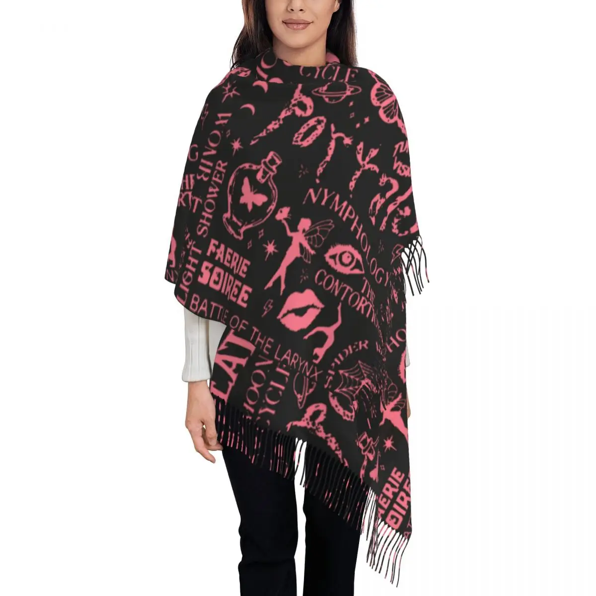 

The Evil Moon Cycle Scarf with Tassel Graffiti Warm Soft Shawls and Wraps Female Design Scarves Wraps Winter y2k Funny Bandana