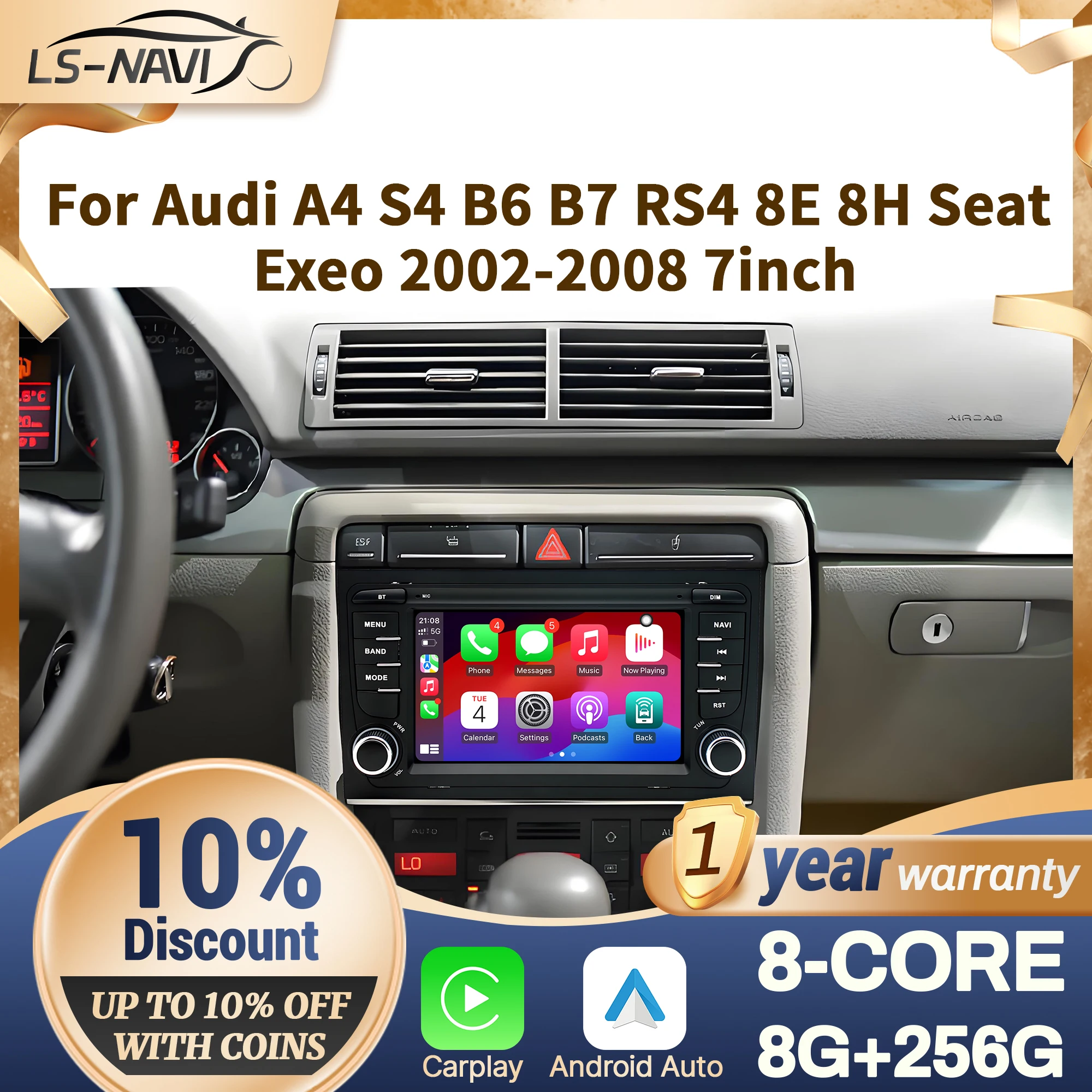

7 inch For Audi A4 S4 B6 B7 RS4 8E 8H Seat Exeo 2002 2003 2004-2008 Car Radio Wireless CarPlay Android 14 Multimedia 7862 Screen