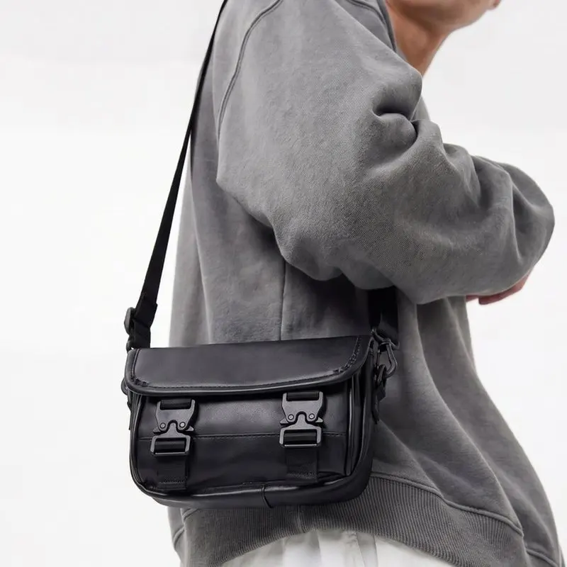 Minimalist PU Leather Shoulder Bag Black with Adjustable Strap Male Crossbody Bag Phone Bag Square Men's Small Messenger Bag