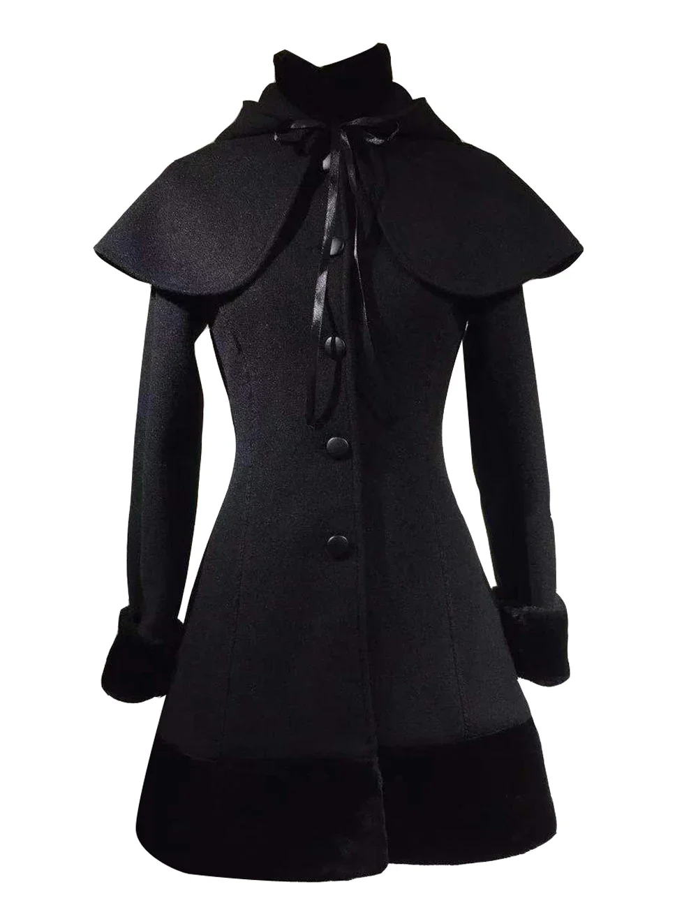 

Gothic Lolita Outfits Wool Black Ribbons Hooded Cape With Winter Coat