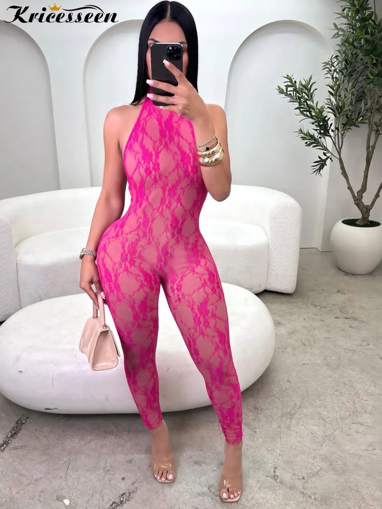

Kricesseen Sexy Solid Floral Lace Jumpsuit Women Halter Sheer Mesh Bodycon Rompers Backless Sleeveless One Piece Clubwear Outfit