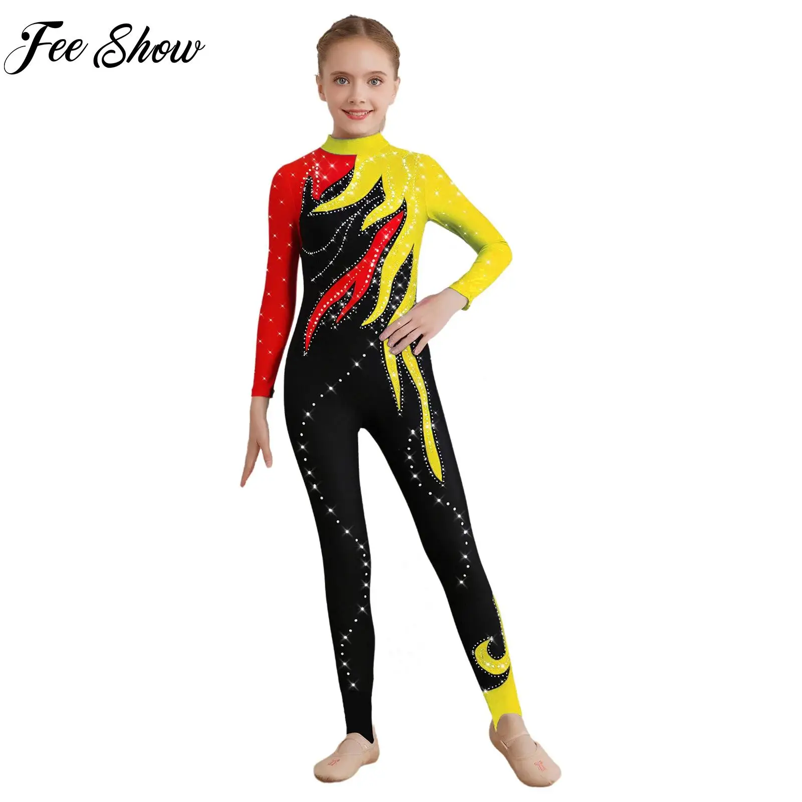 

Kid Girl Long Sleeve Ballet Dance Full Body Leotard Acrobatic Gymnastics Jumpsuit Rhinestones for Figure Ice Skating Performance