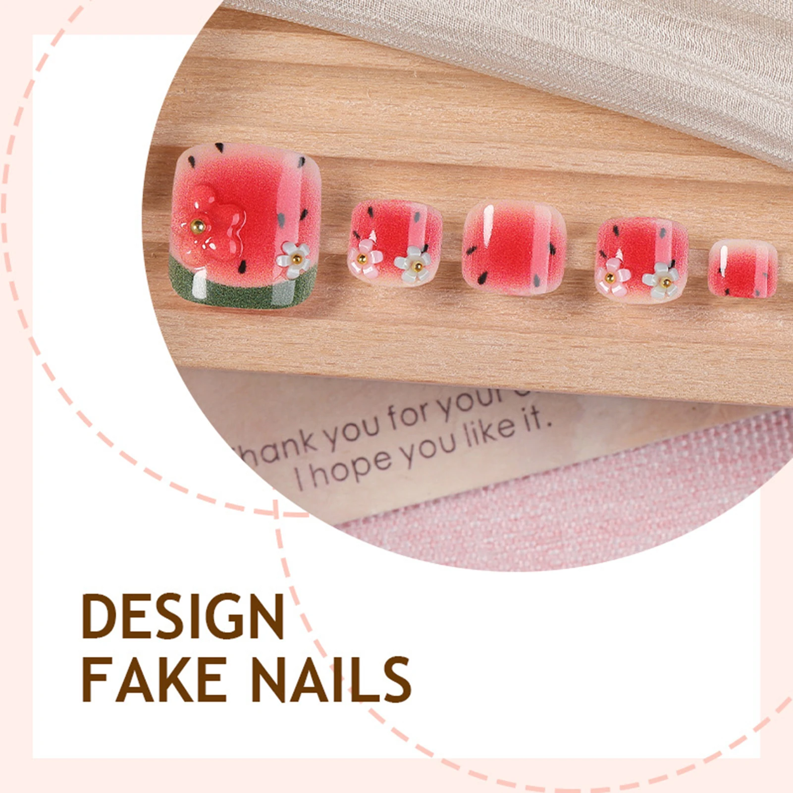 24pcs Sweet Watermelon Pattern Press On Toe Nails Summer Little Fresh Blush Pink French Fake Toenail Full Cover False Toenails