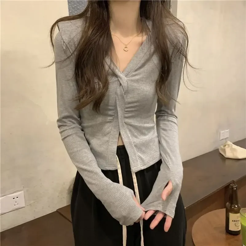 Cross Top Women 2024 Autumn Irregular T-shirt Korean Style Solid Long Sleeve Tees Tshirts Femme Fashion V-neck T Shirt Clothes