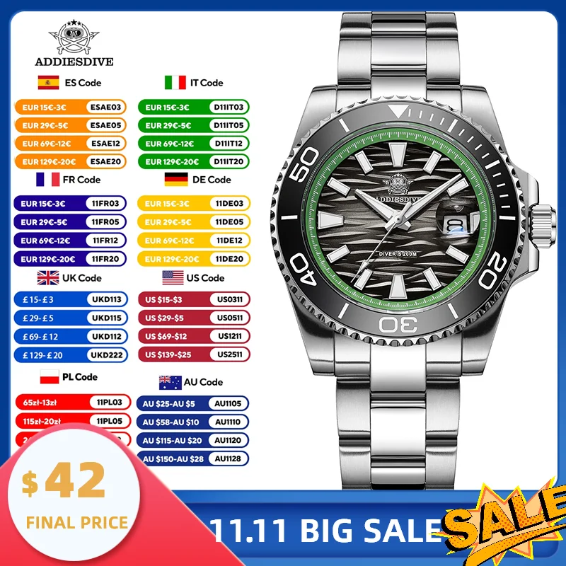ADDIESDIVE 일본 쿼츠 AD2514 다이브 시계 200M 방수 세라믹 베젤 BGW9 빛나는 다이얼 316L 남성용 스테인레스 스틸