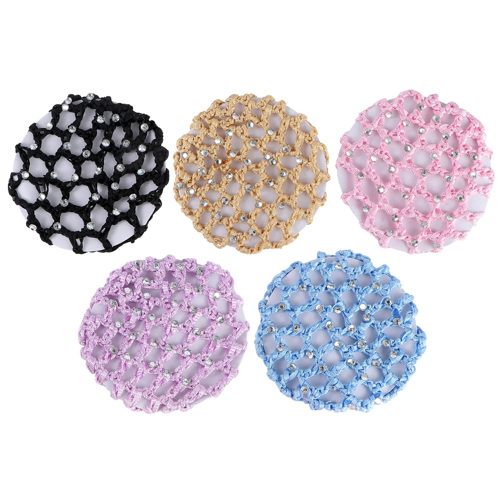 

5Pcs Elastic Hair Snood Net Pearl Design Handmade Crochet Hairnet for Dance Party Gymnastics Performance Hair Accessories Black