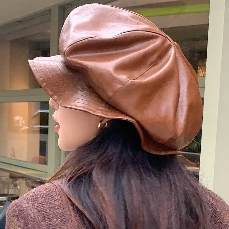 Women Beret PU Leather Octagonal Newsboy Cap Vintage Warm Baker Boy Hat Large Brim Casual Adjustable Fashion Flat Cap