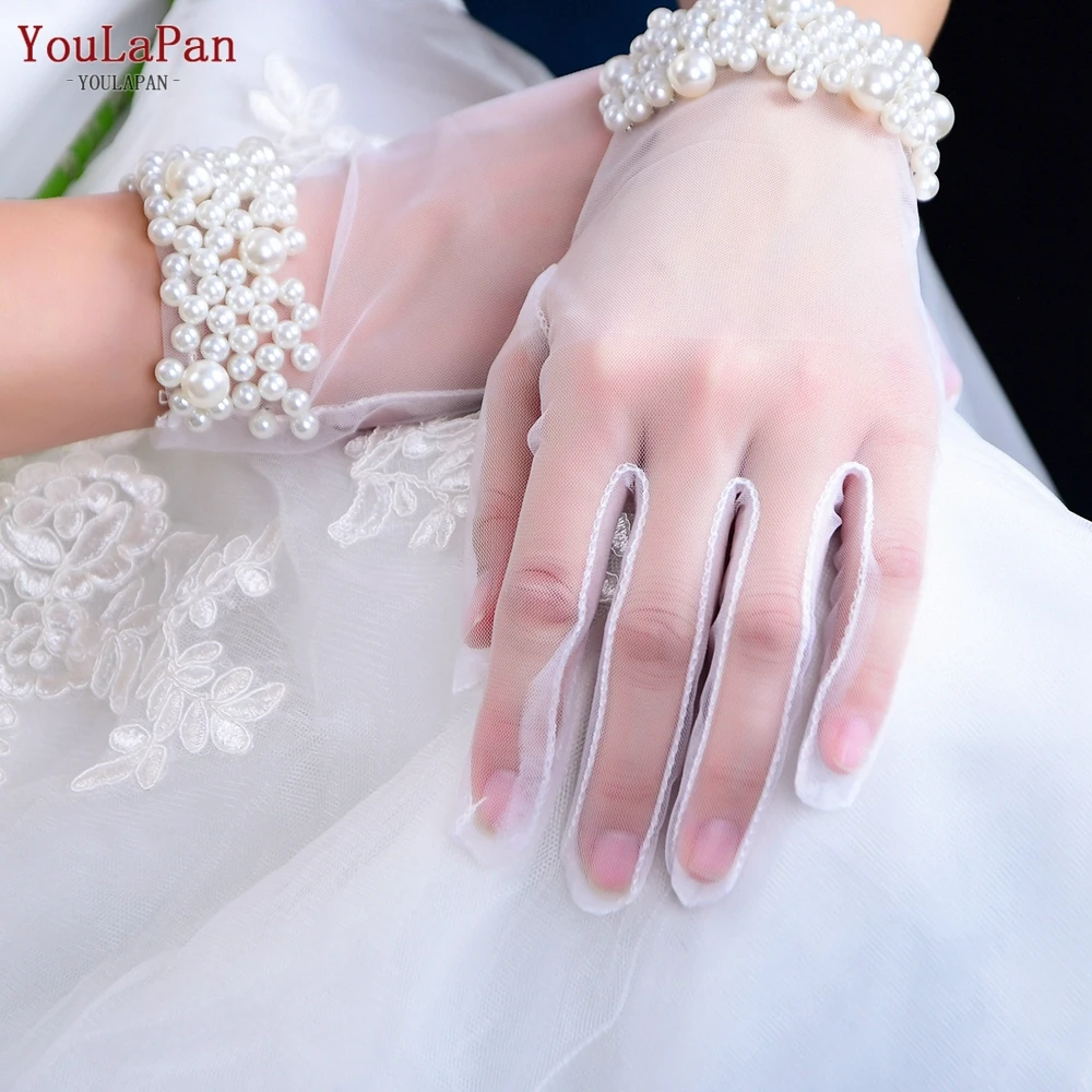 YouLaPan 1 Pair Princess Girls Elegant Short Gauze Artificial Pearl Mesh Gloves Photo Props Charming Bride Dress DIY Gloves M01