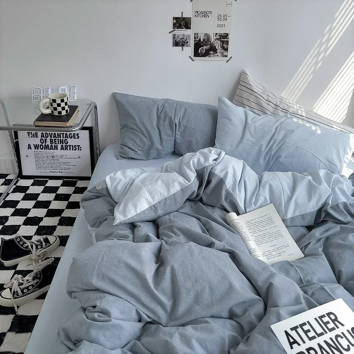 White And Blue Grey Solid Color Bedding Set Flat Bed Sheet Duvet Cover Double Full Queen King Bedclothes Pure Bedroom Linen