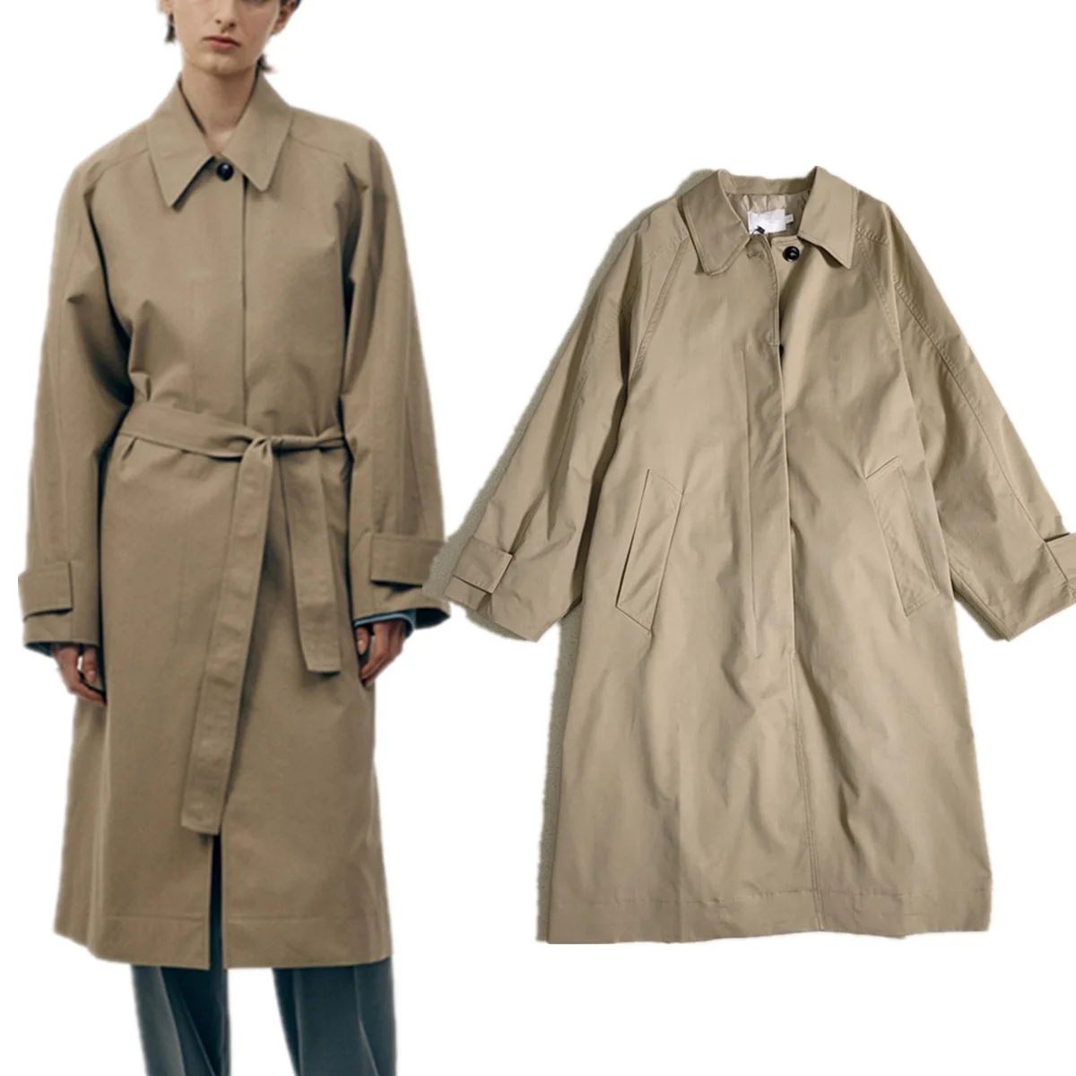 

Jenny&Dave Nordic Minimalist Cotton Khaki Trench Coat Single-breasted Loose Mid-length Windbreaker Jacket Overcoat For Women
