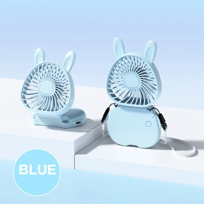 Portable Neck Hanging Fan Foldable USB Rechargeable Mini Handheld Cute Bunny Desk Fan With Lanyard For Office Outdoor White