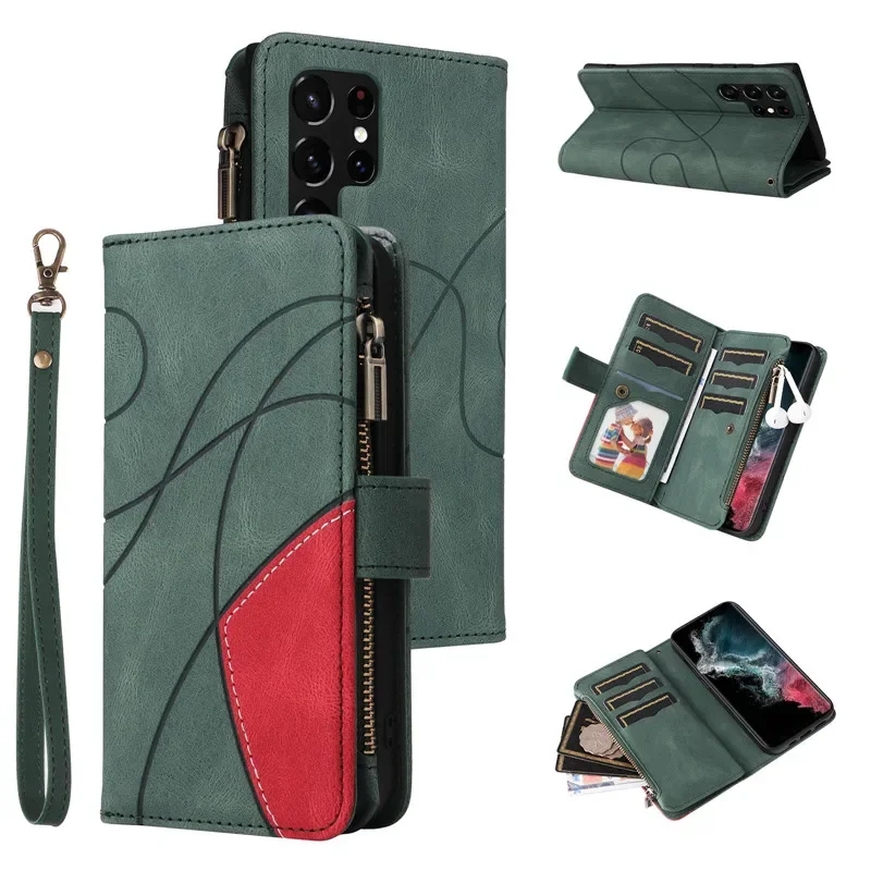 Skin feel Flip Leather Phone Case For Samsung Galaxy S24 Ultra S23 S22 S21 FE S20 Plus Z Fold 3 4 5 Zipper Wallet Card Cover