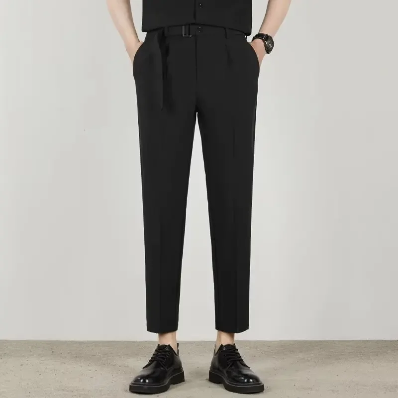 

Spring and autumn vertical casual pants, fashionable and loose men's suit pants, slim fit cropped pants, with belt included