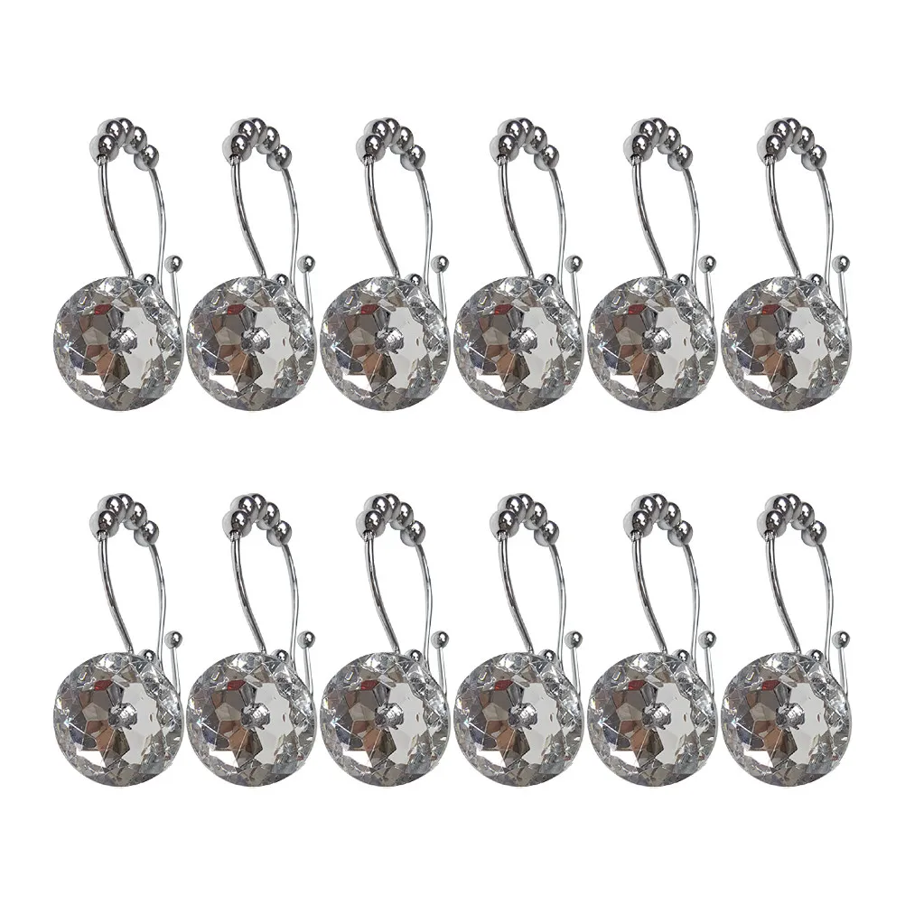 12Pcs Water Drill Shower Curtain Hooks Heavy Duty Double Hooks for Shower Rod Decorative Rhinestone Bathroom Curtain Rings Glide