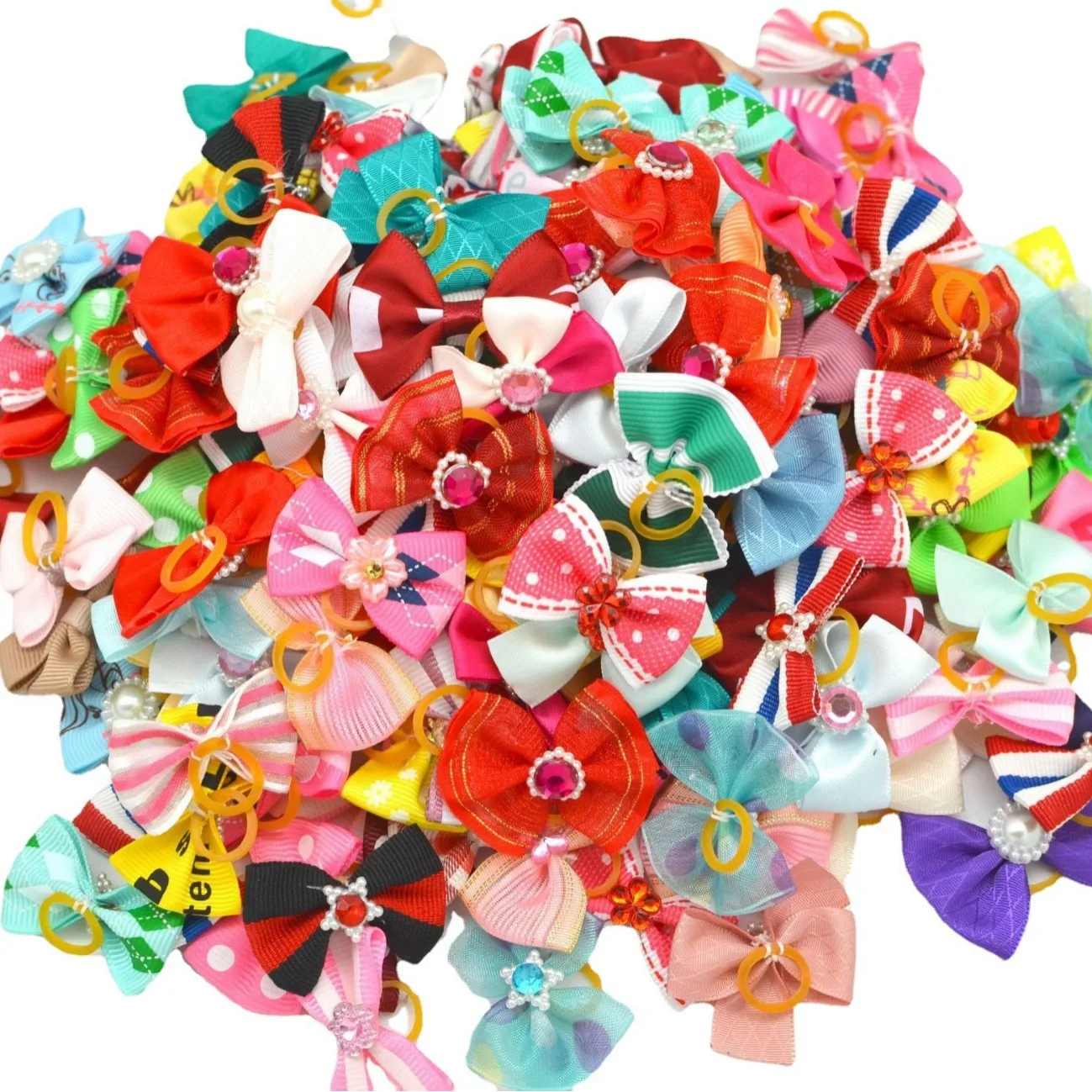 100pcs Cute New Dog Hair Bows Rhinestone Pearls Flowers Topknot Mix Styles Dog Bows Pet Grooming Products Mix Colors