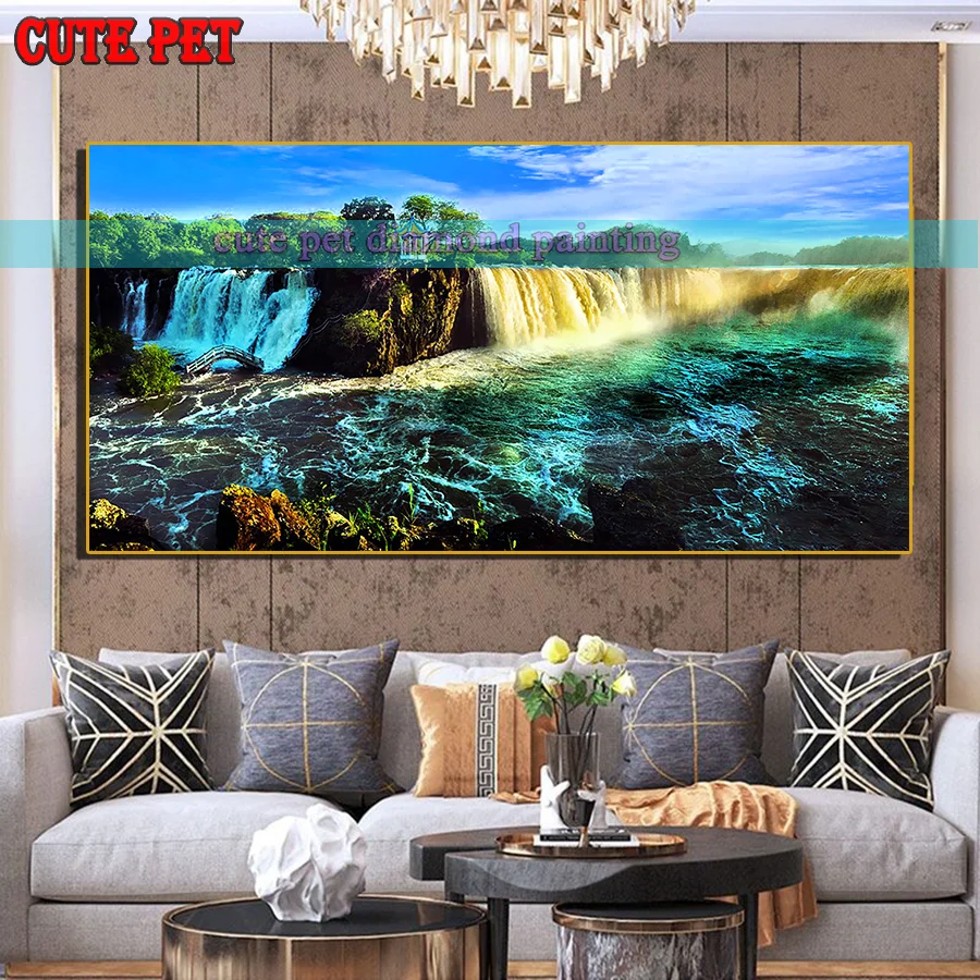 natural scenery diy Diamond Painting Blue sky river waterfall rock reef Embroidery full square drill Mosaic cross stitch decor