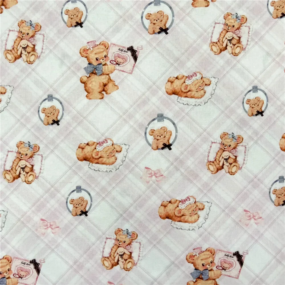 Vintage Showa Plaid Bear 100% Cotton Fabric for Kids Clothes mask Home Textile Sewing Quilting DIY Needlework Material