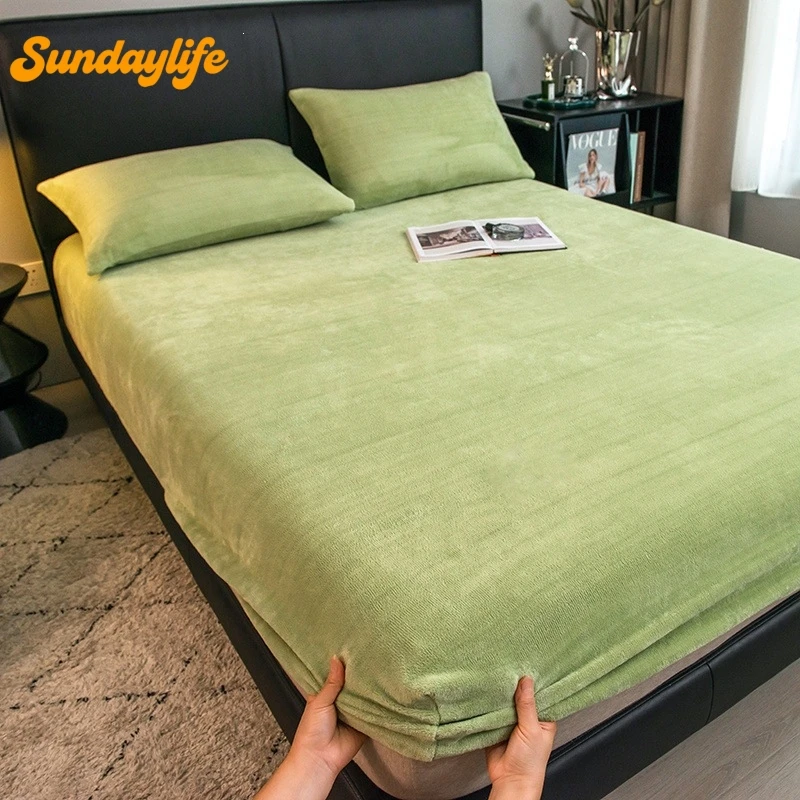 Winter Warm Milk Velvet Fitted Sheet Solid Color Elastic Mattress Cover Soft Coral Fleece Bed Sheet Twin Full Queen King Size