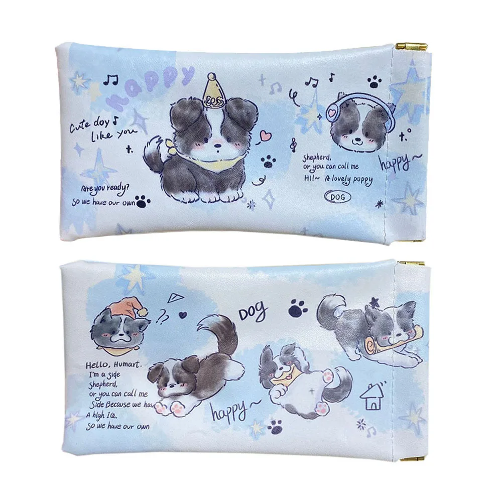 KLASSNUM Cute Dog Pattern Glasses Bag Soft PU Leather Eyeglasses Storage Bag Automatic Closed Data Cable Makeup Brush Organiser