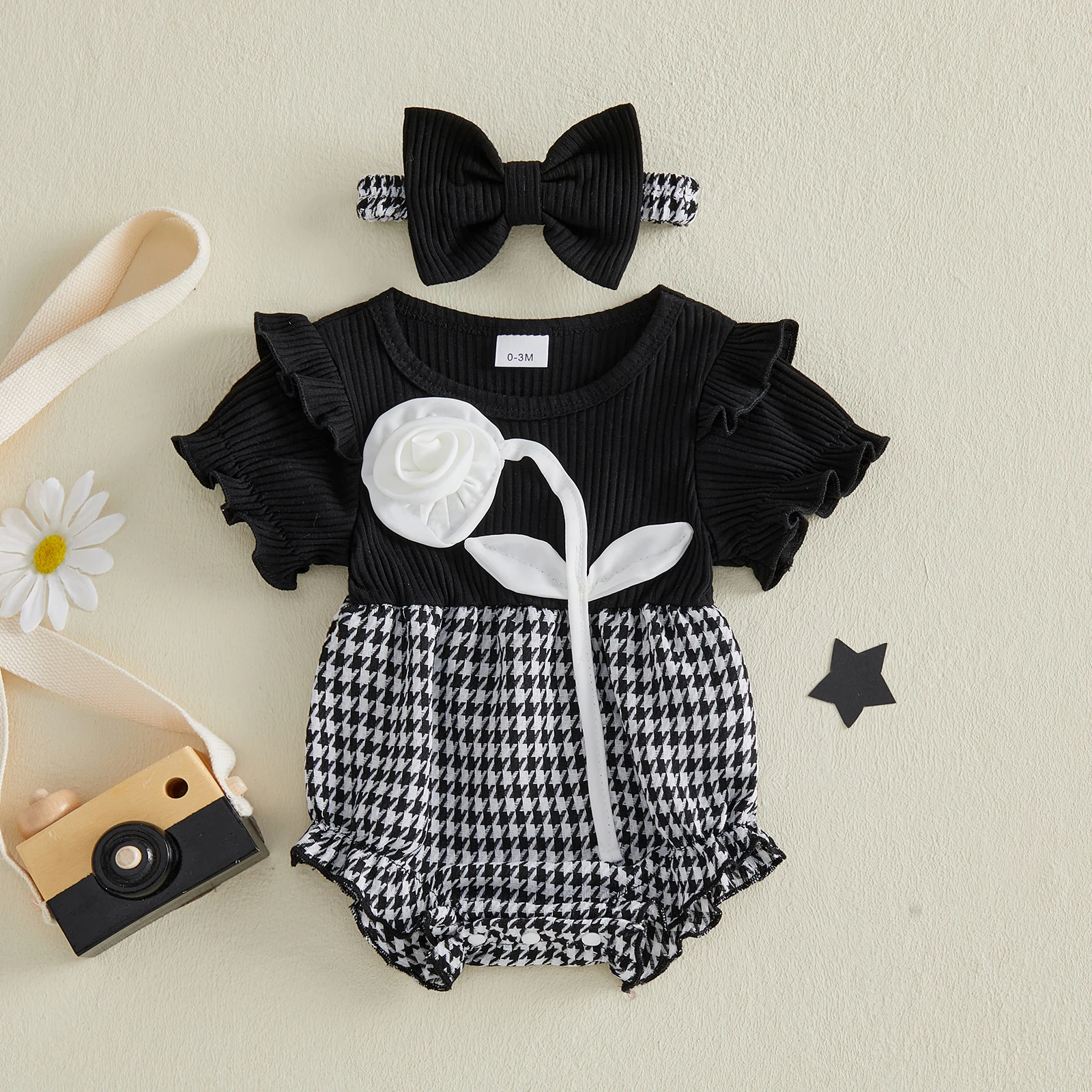 Cute Baby Girl Summer Patchwork Houndstooth Romper Short Sleeve O Neck 3D Flower Decor Bodysuits with Headband