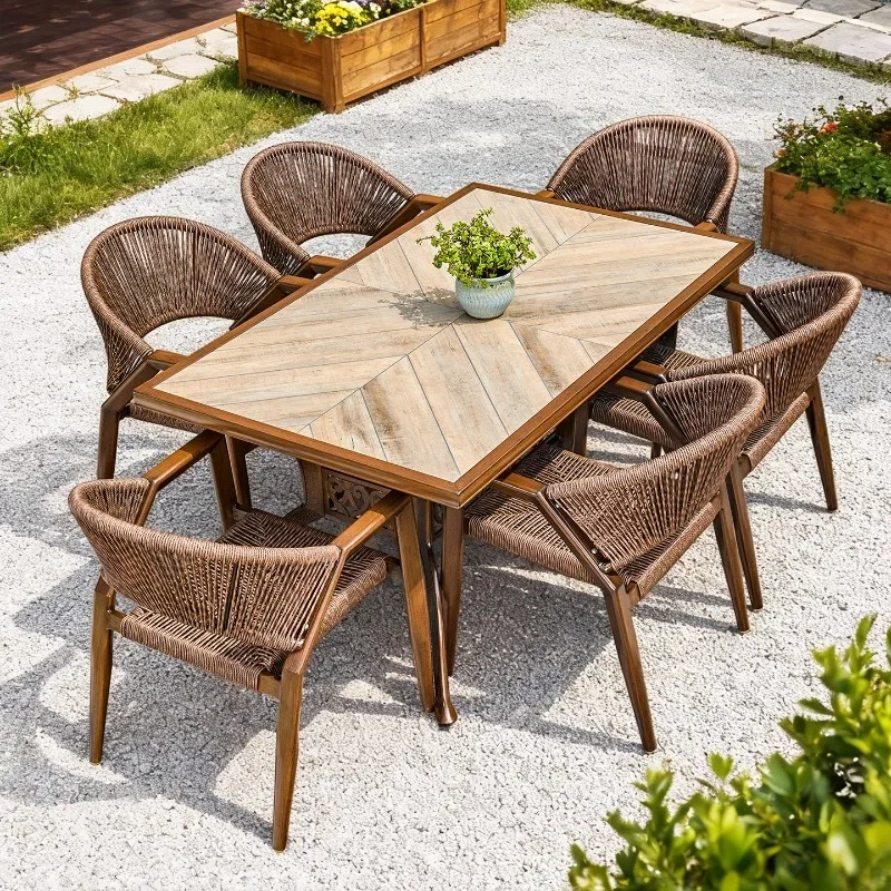 Outdoor rattan table and chair set courtyard villa leisure table and chair combination terrace simple wood grain color set braid