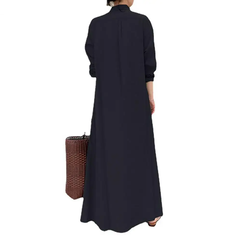 Women Pure Color Dress Spring Maxi Dress with Turn-down Collar Single-breasted Long Sleeve Ankle Length Women's Loose Shirt Type