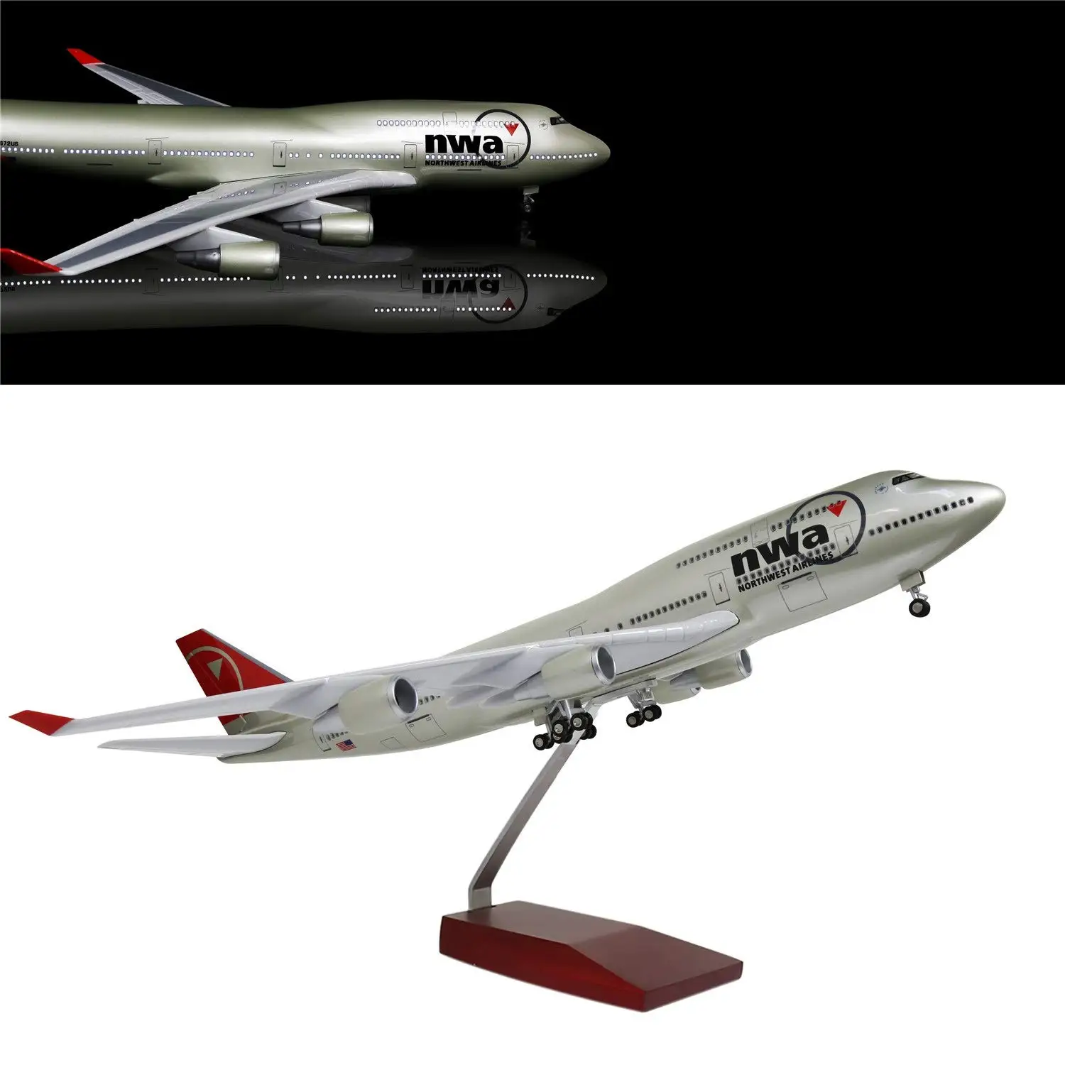 1:130 Scale Airplane Model American Northwest 747 Plane Model with LED Light(Touch or Sound Control) for Decoration or Display